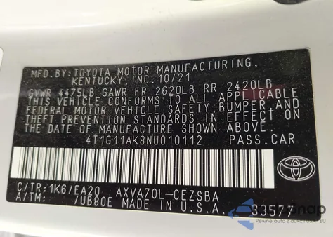 2022 Toyota Camry Se из США, поврежденный, VIN 4T1G11AK8NU010112